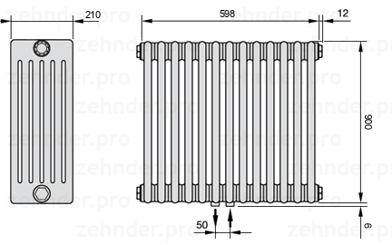 Схема (чертеж) Радиатор Zehnder Charleston 6090/13 №5410 Белый глянцевый RAL 9016